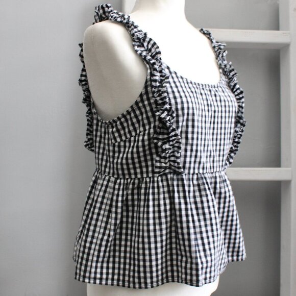 Forever 21 Gingham Peplum Low-Back Black White Ruffle Sleeveless Top Size Medium - Picture 1 of 6